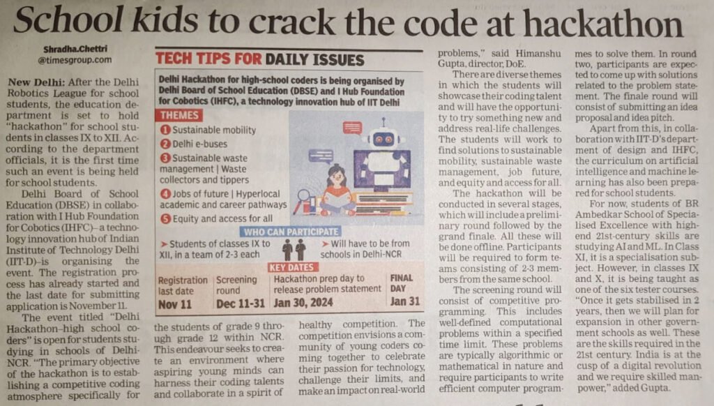 Delhi Hackathon News paper Cutting